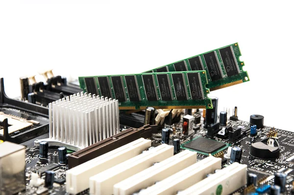 Desktop motherboard with RAM memory on a white background — Stock Photo, Image