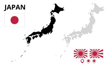 Orijinal bayraklı Japon haritası. Siluet bayraklar ve iğnelerle benekli harita