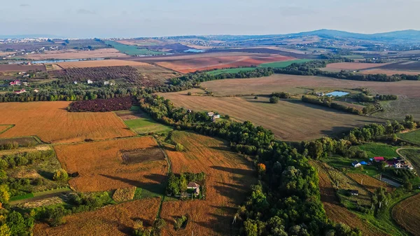 Flight Fields Western Ukrainian Village Aerial View ロイヤリティフリーのストック写真