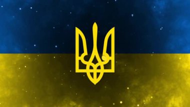 Ukrainian state emblem on a background of yellow and blue flag