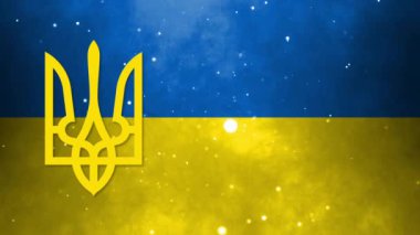 Ukrainian state emblem on a background of yellow and blue flag