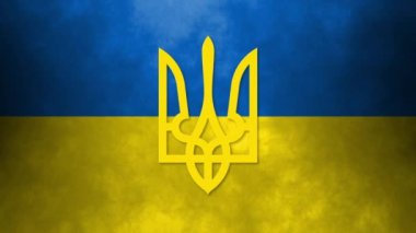 Ukrainian state emblem on a background of yellow and blue flag