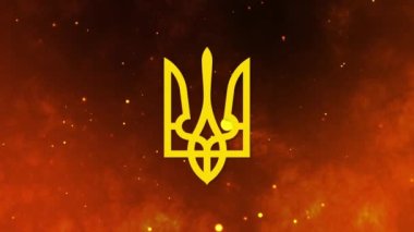 National emblem of Ukraine on the background of the movement of sparks of fire dramatic flames