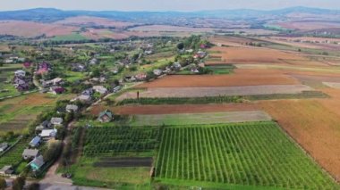 Flight over the houses in the Ukrainian village Aerial view.