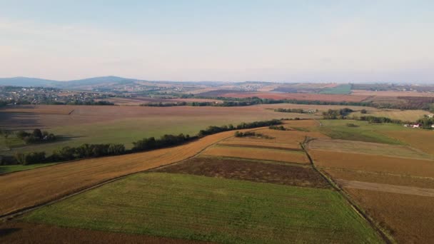 Ukrainian Fields Stretch Hills Settlements Aerial View — Vídeos de Stock