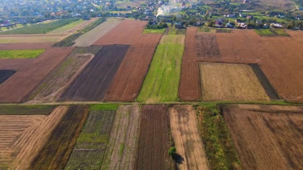 Ukrainian Fields Stretch Hills Settlements Aerial View — Vídeo de Stock