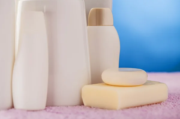 Bottles cosmetics and soap — Stock Photo, Image