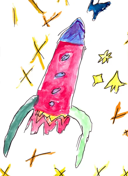Peinture enfantine d'une fusée spatiale Photos De Stock Libres De Droits