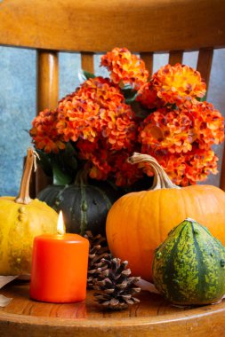 Renkli balkabaklarının, mum ve turuncu çiçeklerin yakın plan çekimleri, gri arka plan, dikey