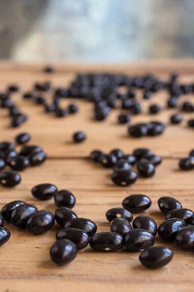 Vue Dessus Des Haricots Noirs Sur Table Rustique Bois Mise — Photo