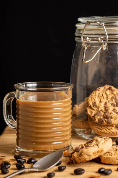 Close Glass Latte Wooden Table Spoon Coffee Beans Cookie Jar — Stock Photo, Image