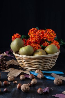 Top view of basket with pippin apples with orange flowers on wooden table with dried fruits and autumn leaves, vertical, with copy space