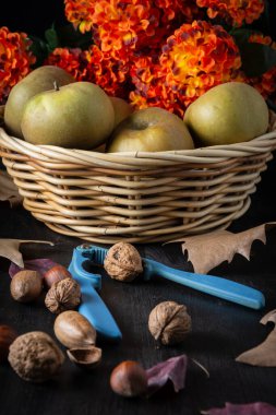 Close-up of basket with pippin apples with orange flowers on wooden table with nuts, nutcracker and autumn leaves, vertical