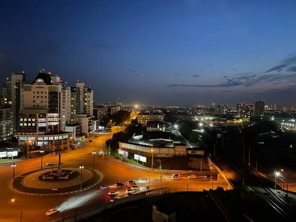 Augusti 2021 Novosibirsk Ryssland Flygfoto Över Natten Belyst Stad Cirkulär — Stockfoto