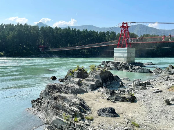 Barangol, Altai, Rusya 'da Katun köyü üzerindeki yaya köprüsü (Çar avı) askıya alındı