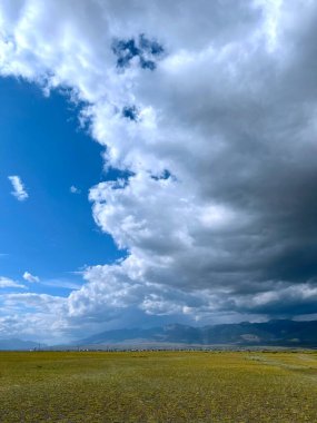 Bulutlu bir günde bozkır ve dağların güzel manzarası. Chuiskaya Steppe Kosh-Agach Bölgesi, Altai, Rusya
