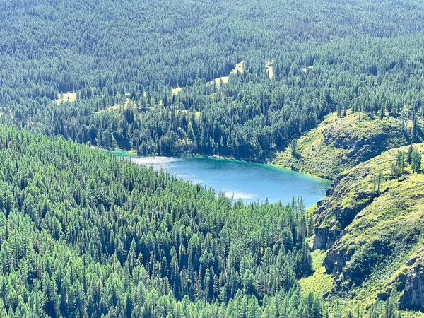 Montanha lago com água esmeralda cercada por floresta densa — Fotografia de Stock