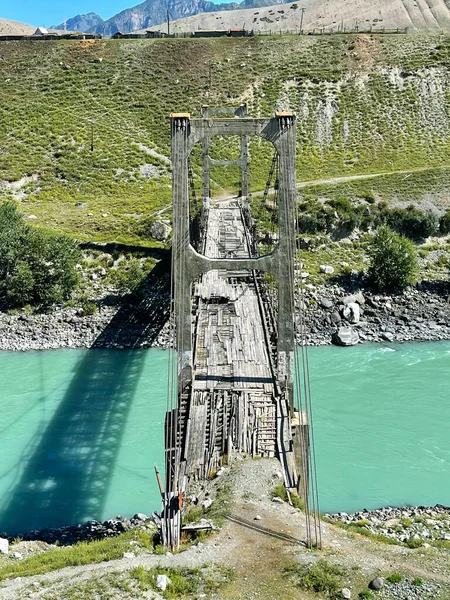 Alte Hängebrücke Yin Brücke Über Den Katun Fluss Dorf Inya — Stockfoto