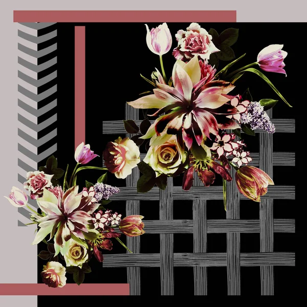 Belles Fleurs Roses Avec Motif Géométrique — Photo