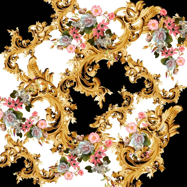 Рожеві Квіти Золотий Елемент Бароко Орнаменту — стокове фото