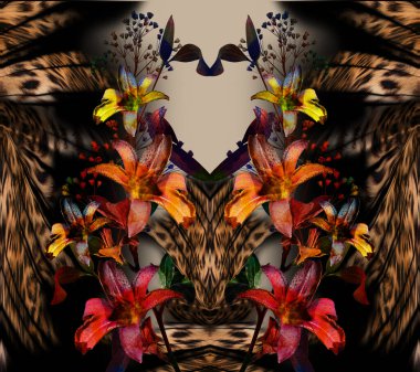 Renkli zambak ve leopar derisi arkaplanı