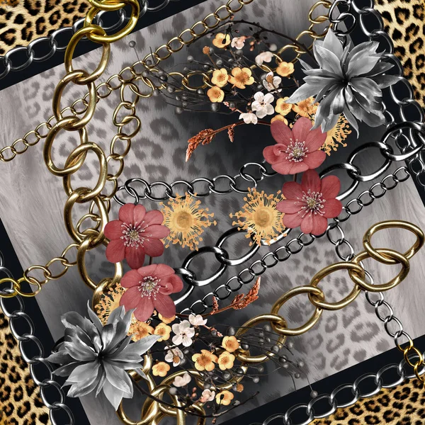 Golden Chains Leopard Skin Flowers Print — Stock Photo, Image