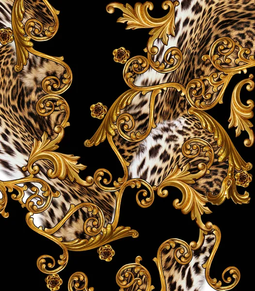Gyllene Barock Och Leopard Bakgrund För Tryck — Stockfoto