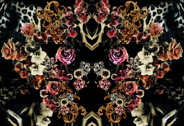 Kwiaty Barokowy Mix Lampart Wzór Tła — Zdjęcie stockowe