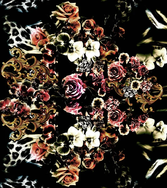 Λουλούδια Μπαρόκ Μείγμα Λεοπάρδαλη Μοτίβο Φόντο — Φωτογραφία Αρχείου