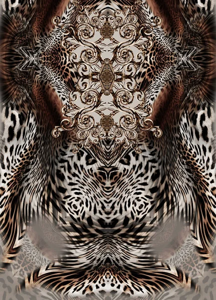 Pele Barroca Leopardo Dourada Com Padrão Geométrico Para Impressão Imagens Royalty-Free
