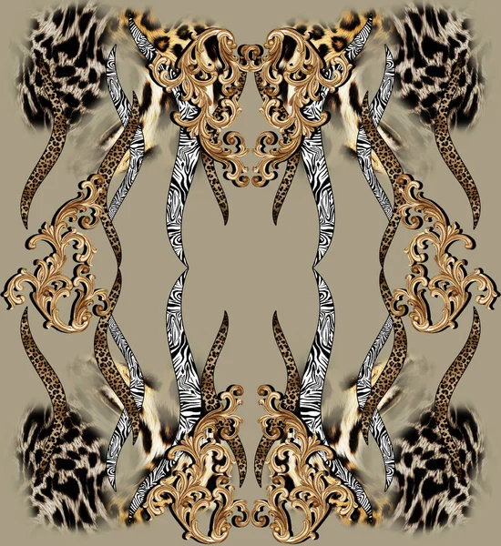 Gyllene Barock Och Leopardhud Med Geometriskt Mönster För Tryck — Stockfoto