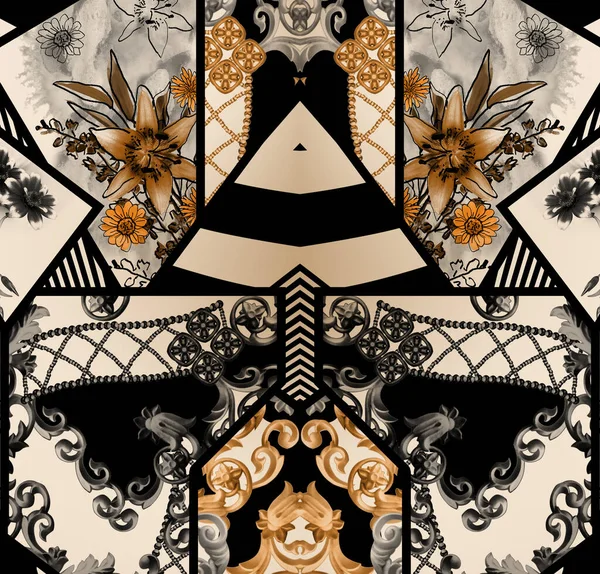 Goldener Barock Mit Geometrischem Muster Schöne Blumen Zum Drucken — Stockfoto