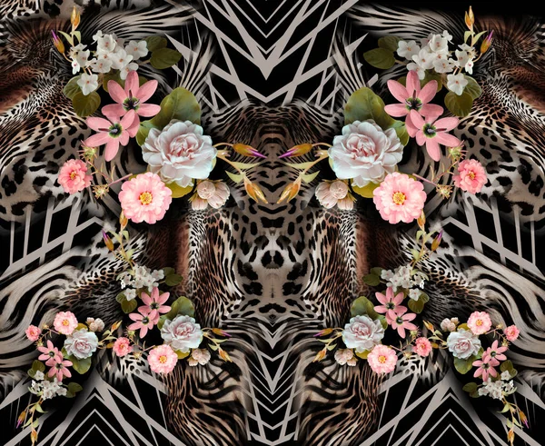 Vackra Rosa Blommor Med Geometriskt Mönster Leopard Hud — Stockfoto