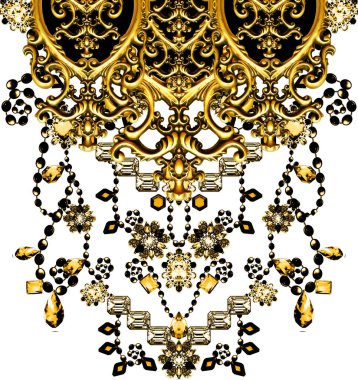  Beyaz zemin üzerinde elmaslar ve zümrüt değerli taşlar olan mücevherler. Altın barok ve süs eşyaları.