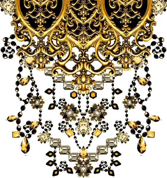 Jewelry Decoration Diamonds Emerald Gemstones White Background Golden Baroque Ornament — Stock Photo, Image