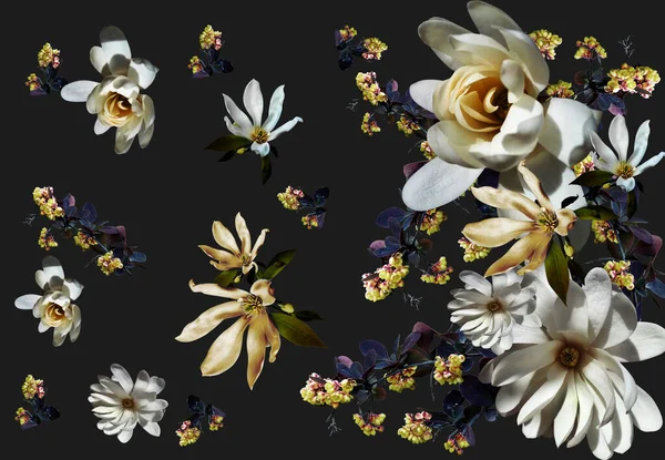 Güzel beyaz çiçekler siyah sırt çantasının üstünde