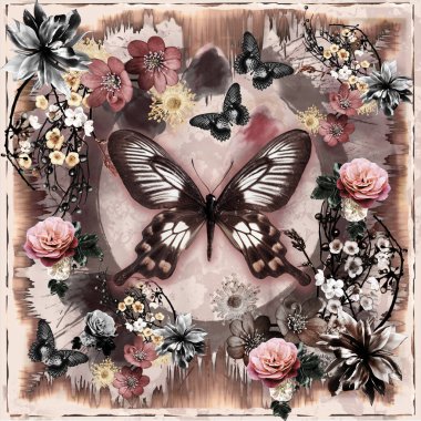 Parmak izi için çiçek arkaplanı olan kelebek