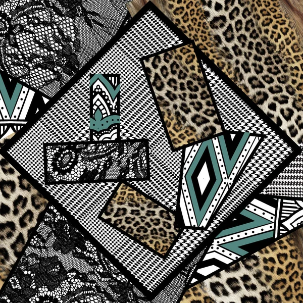 Geometrický Vzor Leopardím Vzorem Pro Potisk Černá Krajka — Stock fotografie
