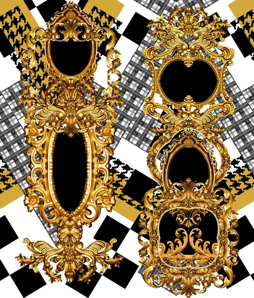 Золоті Елементи Бароко Орнаменту Смугастий Геометричний Візерунок Дизайну Тканини Текстилю — стокове фото