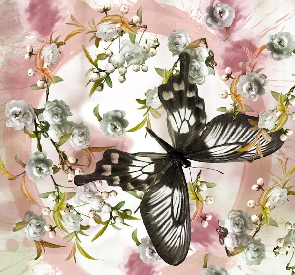 Бабочка Украшена Цветами Печати — стоковое фото