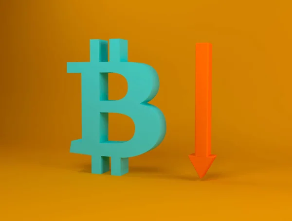 Bitcoin och nedåtpil. Minskning av valutans värde. Fluktuationer och prognoser av cryptocurrency rate. 3D-rendering — Stockfoto