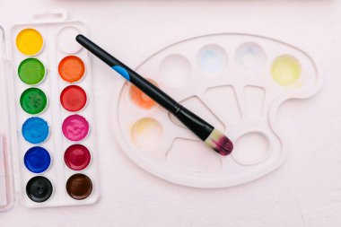 Palette for drawing and paint. A set of paints for the artist. Brush with colorful paints on a white background. Creativity concept.