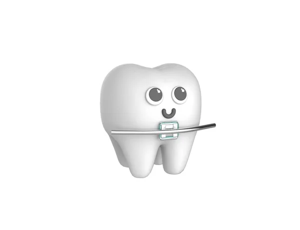 Счастливый Симпатичный Зуб Персонажа Металлическими Брейками Рендерирует Модель Изолированном Белом — стоковое фото