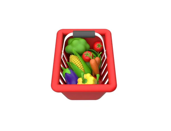 从上往下看 红色菜篮里有健康食品 3D渲染孤立的白色背景 — 图库照片