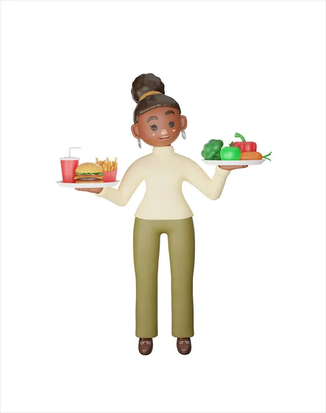 Healthy Unhealthy Nutrition Woman Choosing Healthy Unhealthy Food Render Character — Stock Photo, Image