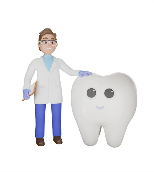 Dişçi Karakteri Mutlu Antropomorfik Dişlerin Yanında Durur Boyutlu Görüntüleme Izole — Stok fotoğraf