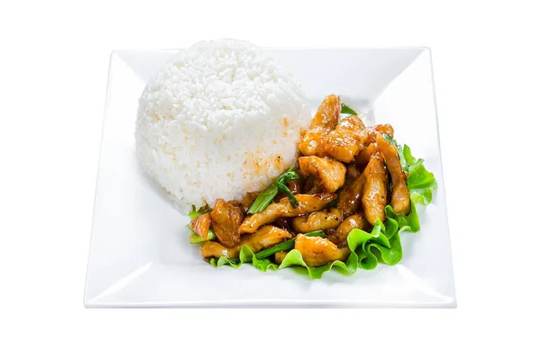 vietnamese cuisine, teriyaki sauce chicken with rice, on white isolated background, top
