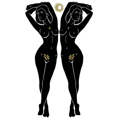 Gemini dişi zodyak işareti vektör çizimi. Beyaz arka planda izole edilmiş iki kadın. 