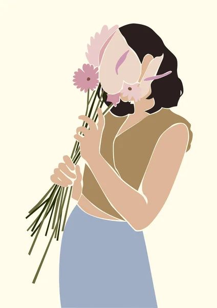 Illustration Woman Girl Bouquet Flowers — Stockfoto