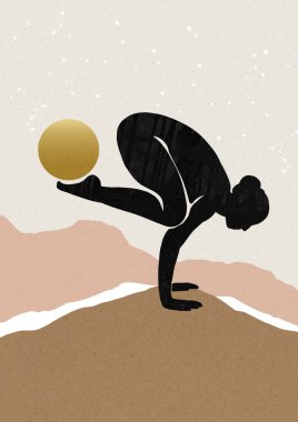 Kahverengi arka planda yoga yapan esnek bir kızın silüeti. 